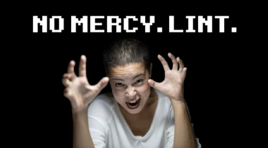 A woman in the center with an intense, almost manic expression and raised hands, with bold text above her reading “NO MERCY. LINT.”